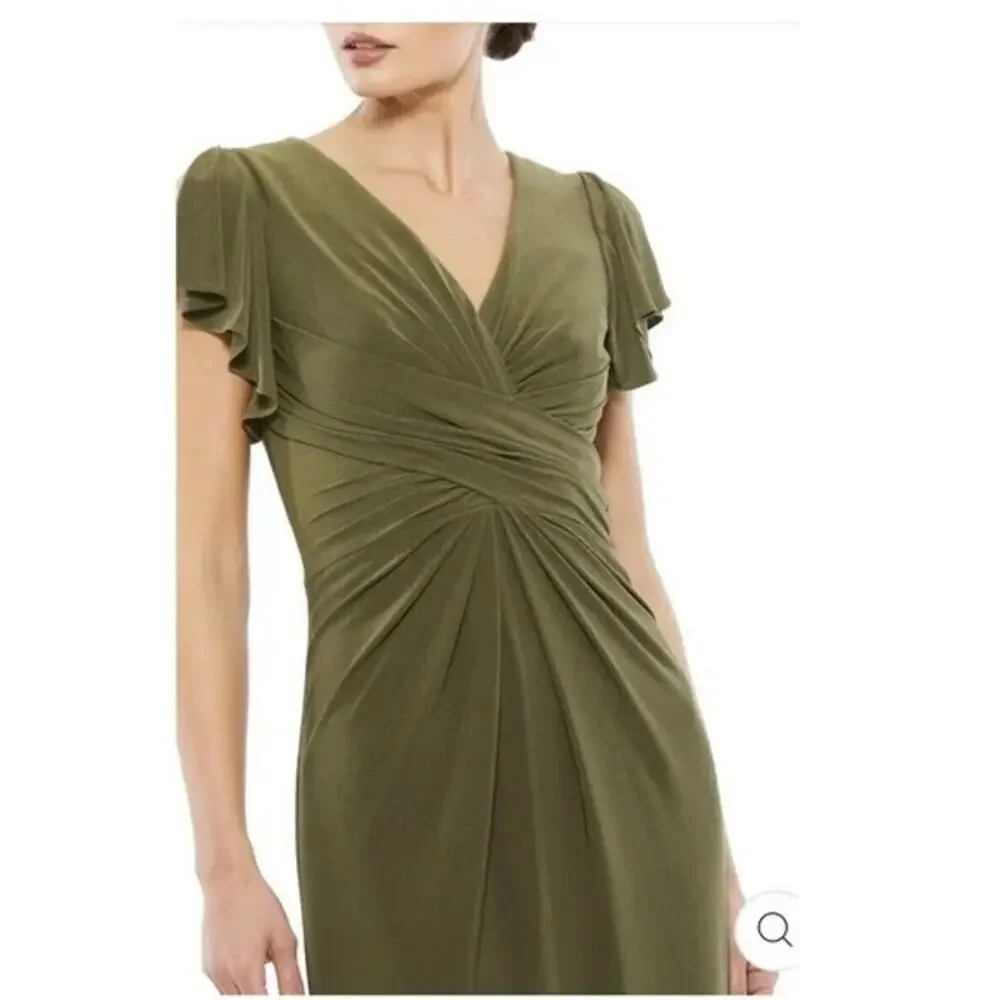 IEENA for MAC DUGGAL Dress $378 FLAW Flounce Sleeve Midi Dress Olive Size 4 - Picture 2 of 12